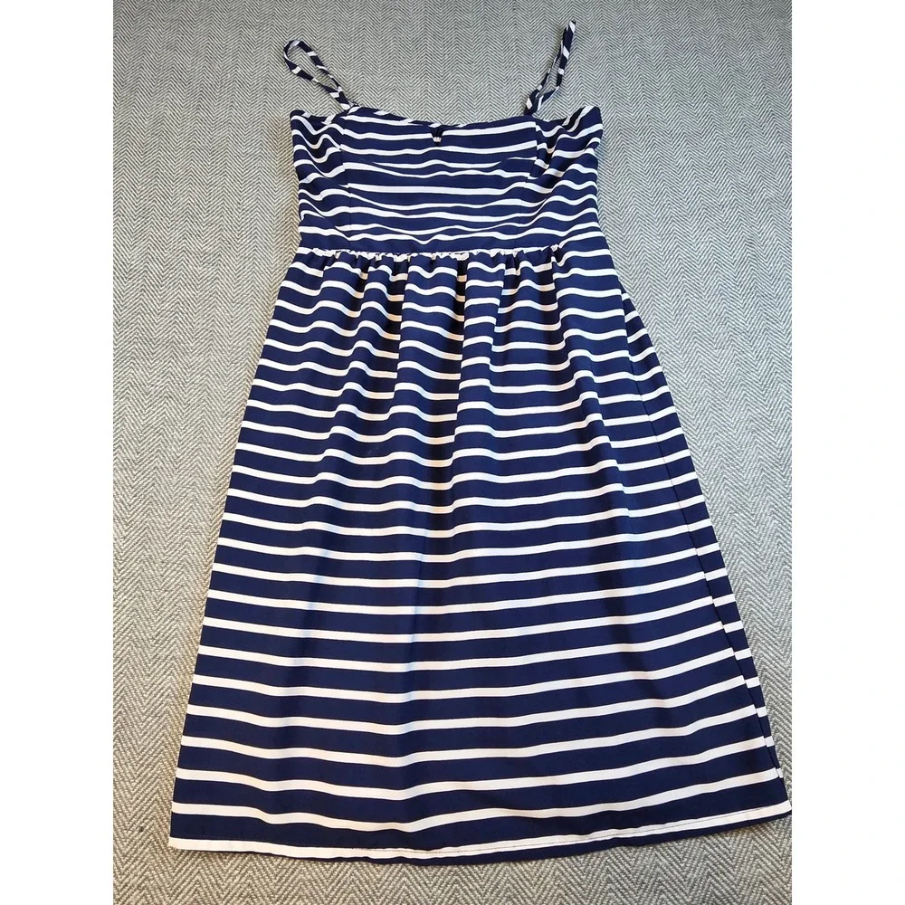 ana A New Approach Navy Blue White Striped Smocked Midi Sundress Womens Medium